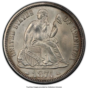 image for: 1874 10C Arrows MS65 PCGS. PCGS Population: (34/28 and 2/5+). NGC Census: (23/26 and 0/0+). CDN: $2,500 Whsle. Bid for NGC/...