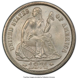 image for: 1874 10C Arrows MS65 PCGS. PCGS Population: (34/28 and 2/5+). NGC Census: (23/26 and 0/0+). CDN: $2,500 Whsle. Bid for NGC/...