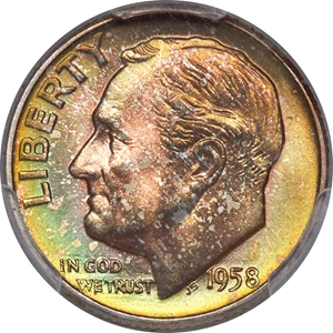 image for: 1958-D 10C MS67+ Full Bands PCGS. PCGS Population: (175/3). NGC Census: (194/15). CDN: $70 Whsle. Bid for NGC/PCGS MS67. Mi...