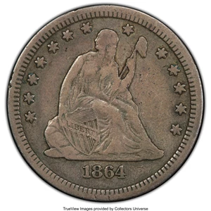 image for: 1864-S 25C Fine 15 PCGS. CAC. PCGS Population: (11/45 and 0/1+). NGC Census: (0/24 and 0/0+). CDN: $1,300 Whsle. Bid for NG...