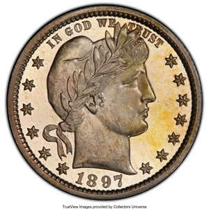 image for: 1897 25C PR66 Cameo PCGS. PCGS Population: (20/13 and 1/4+). NGC Census: (15/10 and 1/3+). PR66. Mintage 731. ...