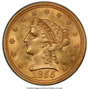 image for: 1855 $2 1/2 MS63 PCGS. PCGS Population: (34/21). NGC Census: (21/20). CDN: $1,600 Whsle. Bid for NGC/PCGS MS63. Mintage 235...