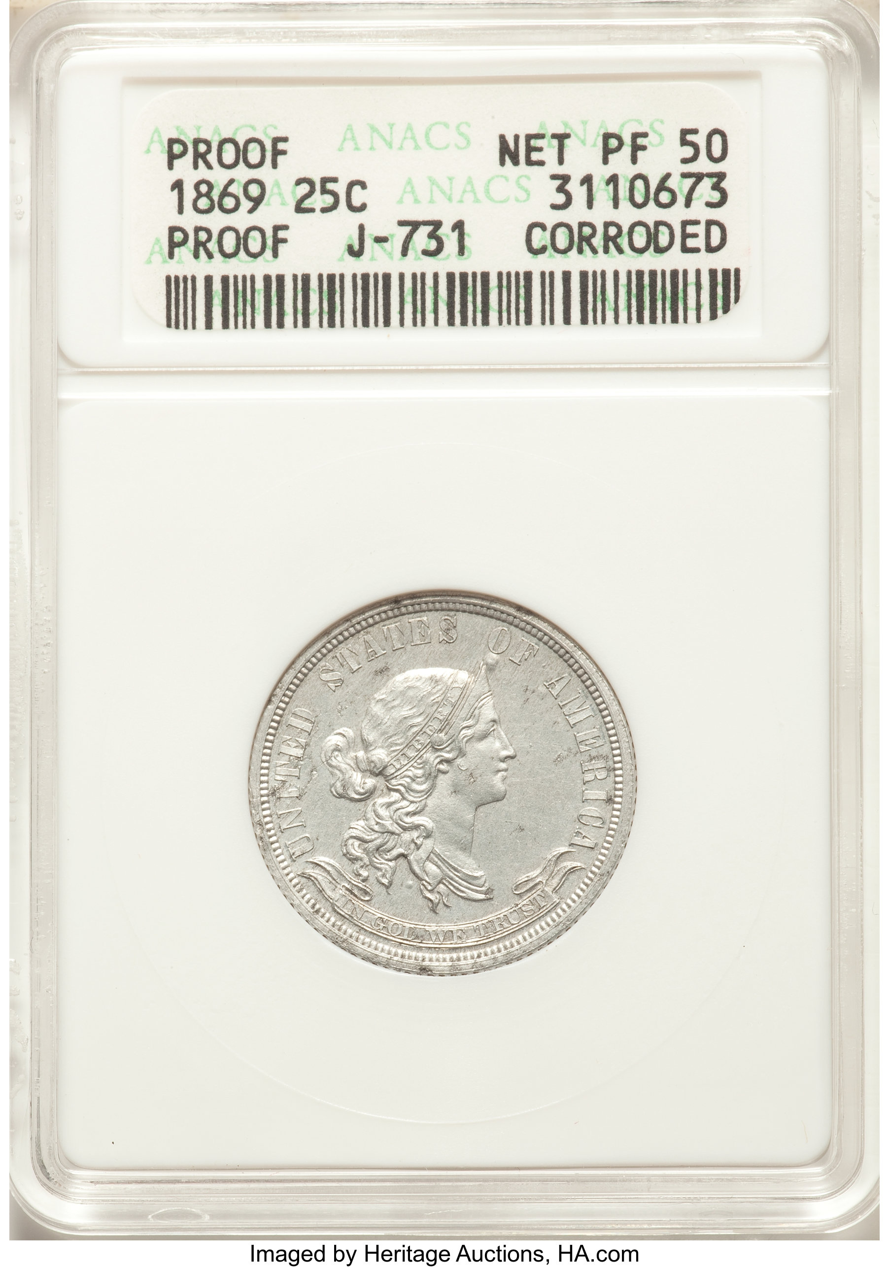 image for: 1869 25C Standard Silver Quarter Dollar, Judd-731, Pollock-812, High R.7, -- Corroded -- ANACS. Proof, Net PR50....