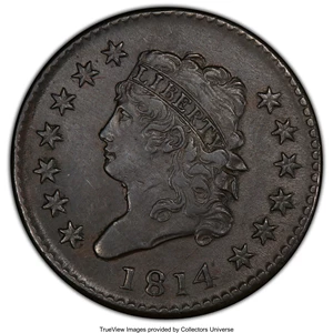 image for: 1814 1C Plain 4 XF45 PCGS. PCGS Population: (13/86). NGC Census: (0/0). CDN: $2,000 Whsle. Bid for NGC/PCGS XF45. ...