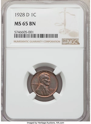 image for: 1928-D 1C MS65 Brown NGC. NGC Census: (19/3). PCGS Population: (20/2). CDN: $155 Whsle. Bid for NGC/PCGS MS65. Mintage 31,1...