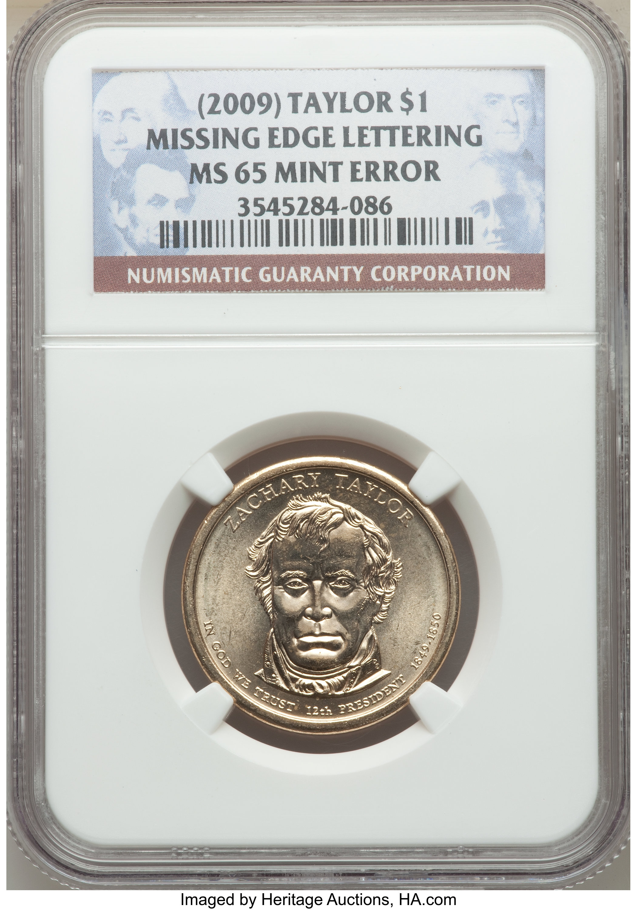 image for: 2009-P $1 Zachary Taylor,  Missing Edge Lettering, MS65 NGC. NGC Census: (0/0). PCGS Population: (7/36)....