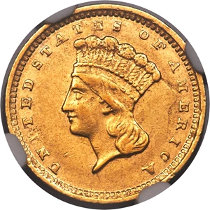 image for: 1857-C G$1 AU55 NGC. Variety 1. The Charlotte Mint struck just 13,280 gold dollars in 1857, and surviving examples are scar...