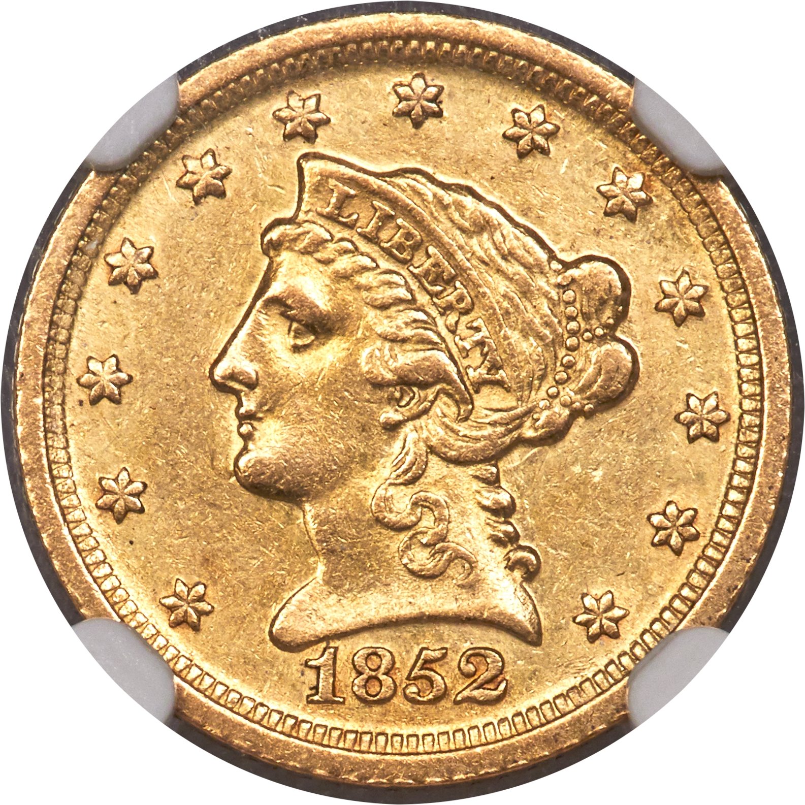 image for: 1852-D $2 1/2 AU55 NGC. Variety 16-N. Only one variety of the 1852-D quarter eagle is recorded, showing minute repunching o...