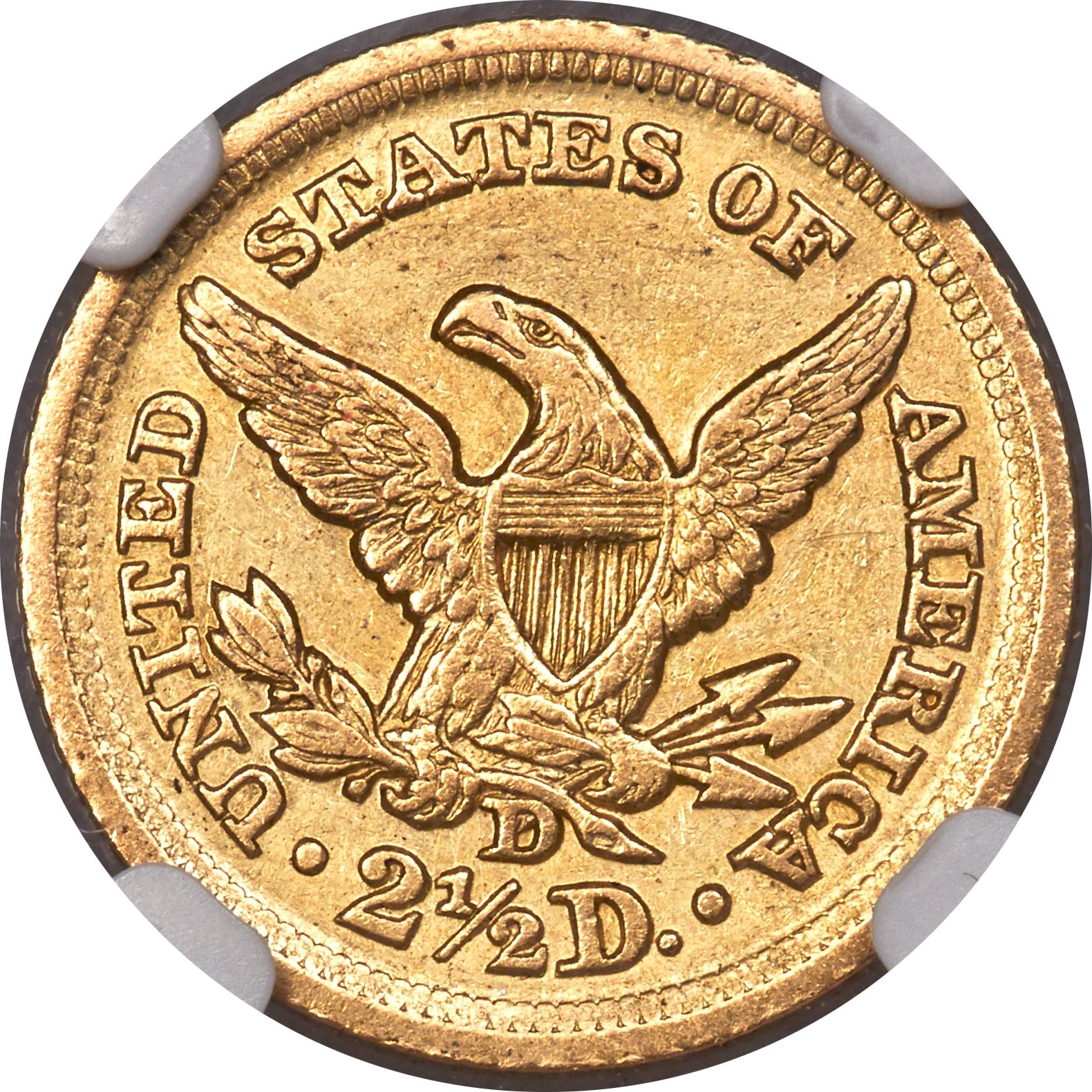 image for: 1852-D $2 1/2 AU55 NGC. Variety 16-N. Only one variety of the 1852-D quarter eagle is recorded, showing minute repunching o...