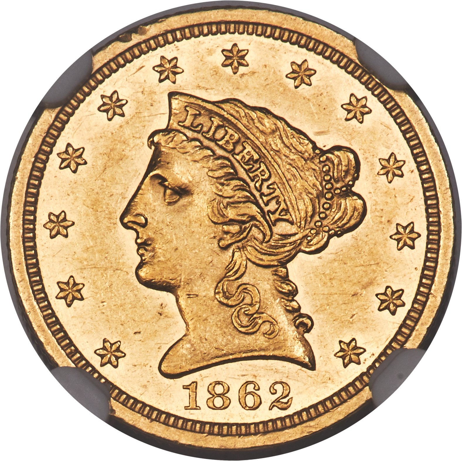 image for: 1862 $2 1/2 MS61 NGC. A conditionally scarce Mint State example of this lower-mintage Philadelphia issue (98,508 pieces str...