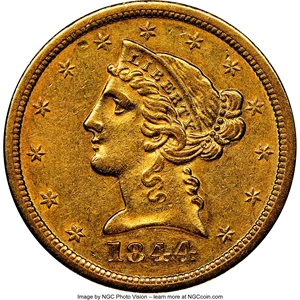 image for: 1844-O $5 AU55 NGC. NGC Census: (124/201). PCGS Population: (39/64). CDN: $1,150 Whsle. Bid for NGC/PCGS AU55. Mintage 364,...