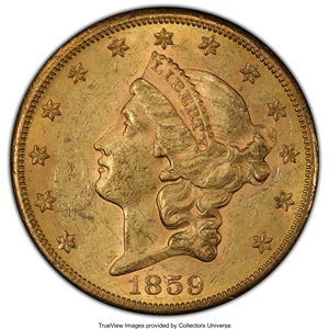 image for: 1859-S $20 MS61 PCGS. The 1859-S Liberty double eagle is often available in circulated grades, but in the years following t...
