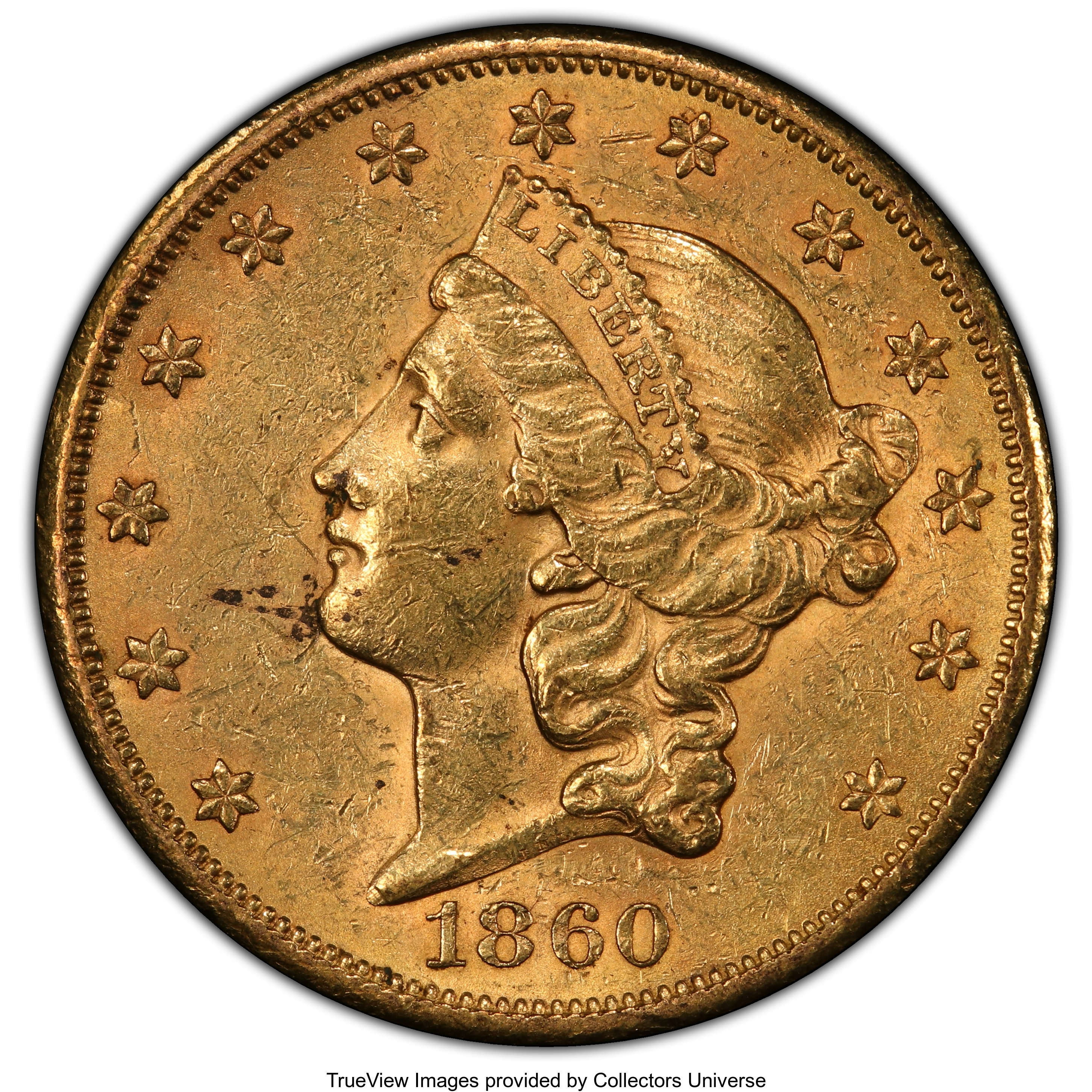 image for: 1860-S $20 MS60 PCGS. Luster abounds in the fields of this Mint State 1860-S double eagle, complementing a bold strike and ...