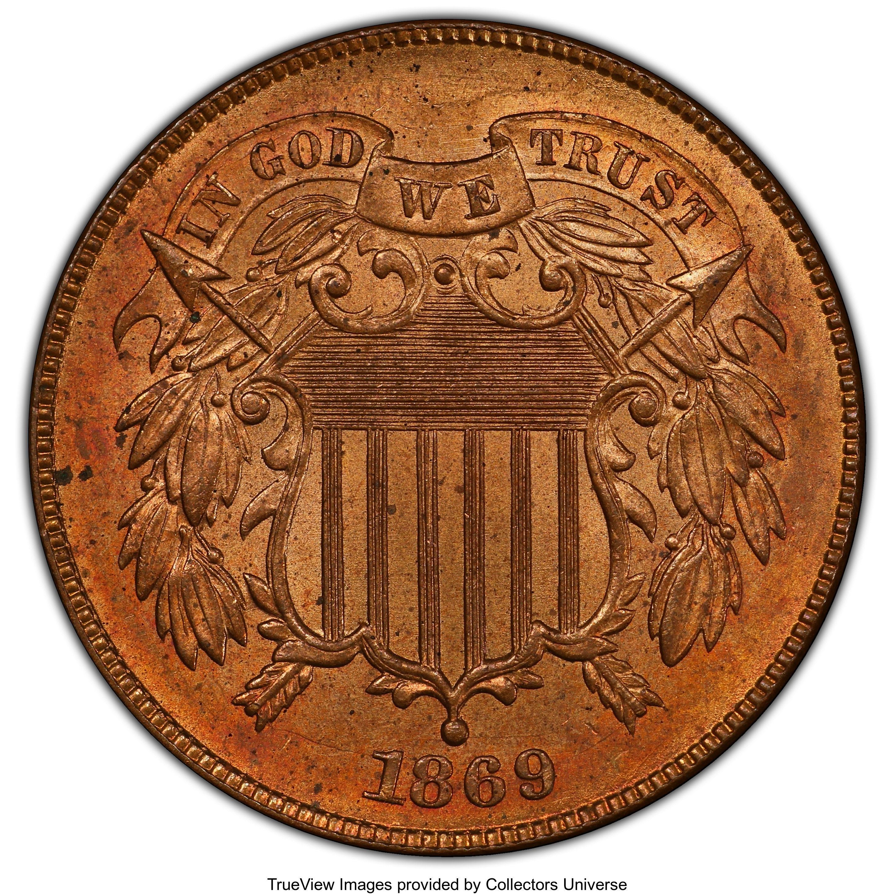 image for: 1869 2C MS65 Red and Brown PCGS. CAC. PCGS Population: (68/12). NGC Census: (62/9). CDN: $800 Whsle. Bid for NGC/PCGS MS65....
