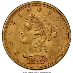 image for: 1878-S $2 1/2 MS62 PCGS. PCGS Population: (94/72). NGC Census: (123/62). CDN: $650 Whsle. Bid for NGC/PCGS MS62. Mintage 17...