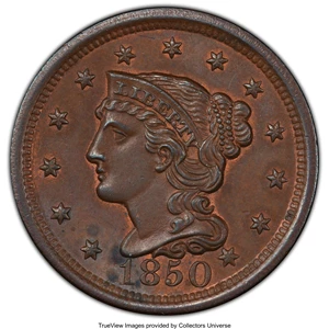 image for: 1850 1C MS63 Brown PCGS. PCGS Population: (94/247 and 0/6+). NGC Census: (64/267 and 0/0+). CDN: $235 Whsle. Bid for NGC/PC...