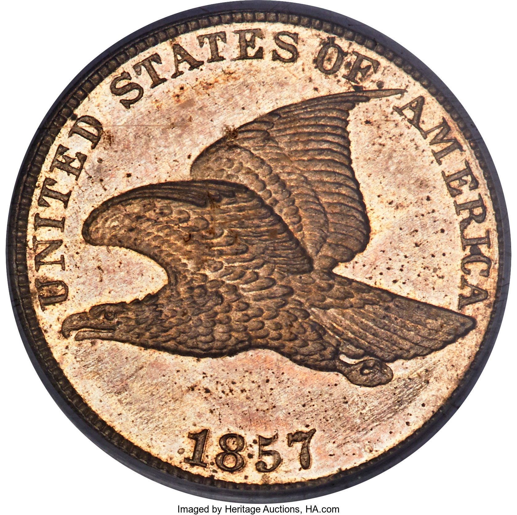 image for: 1857 1C Flying Eagle PR64 PCGS. CAC. The Guide Book records an estimated mintage of 100 proof Flying Eagle cents in 185...