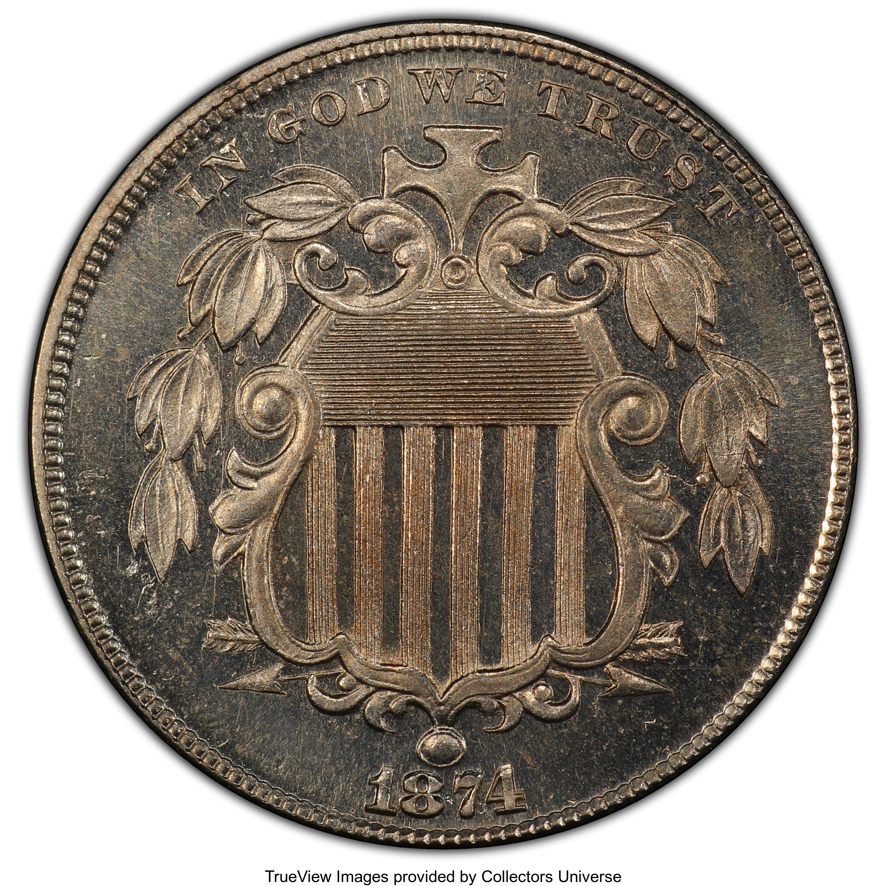image for: 1874 5C PR65 Cameo PCGS. PCGS Population: (14/24 and 0/5+). NGC Census: (10/11 and 0/0+). PR65. ...