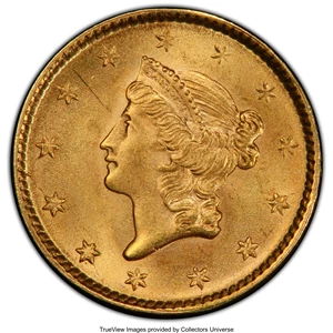 image for: 1851 G$1 MS64 PCGS. PCGS Population: (370/138). NGC Census: (412/125). CDN: $540 Whsle. Bid for NGC/PCGS MS64. Mintage 3,31...