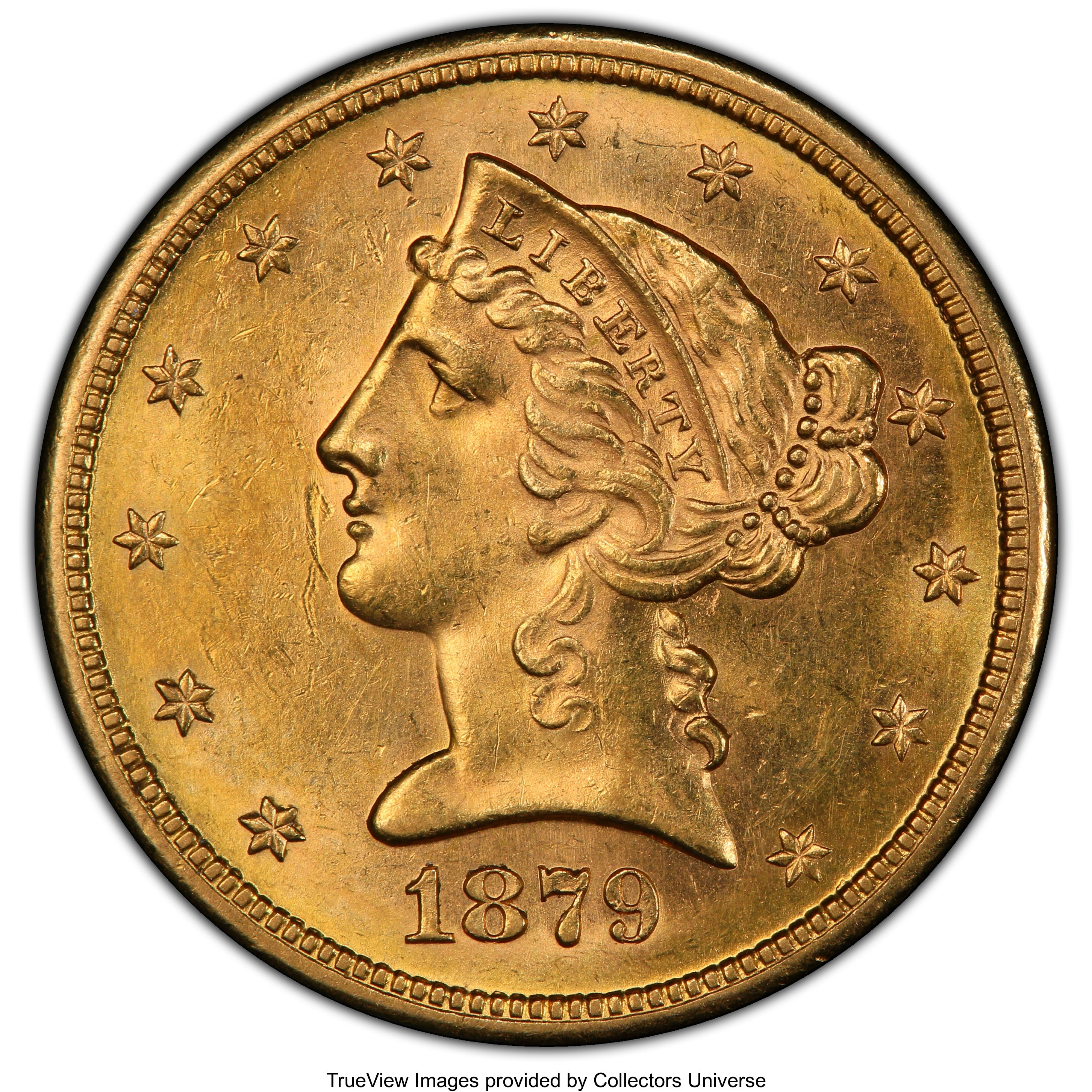 image for: 1879-S $5 MS62 PCGS. PCGS Population: (71/44). NGC Census: (56/27). CDN: $850 Whsle. Bid for NGC/PCGS MS62. Mintage 426,200...