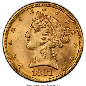 image for: 1881 $5 MS64 PCGS. PCGS Population: (739/29). NGC Census: (799/87). CDN: $555 Whsle. Bid for NGC/PCGS MS64. Mintage 5,708,8...