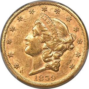 image for: 1859-S $20 AU55 PCGS. CAC. The 1859-S double eagle is elusive in the upper AU grades and rare in Mint State. This Choice AU...