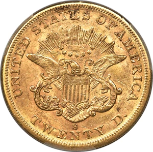 image for: 1859-S $20 AU55 PCGS. CAC. The 1859-S double eagle is elusive in the upper AU grades and rare in Mint State. This Choice AU...