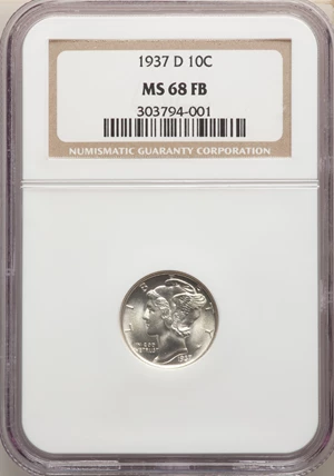 image for: 1937-D 10C MS68 Full Bands NGC. NGC Census: (16/0). PCGS Population: (18/0). Mintage 14,146,000. ...