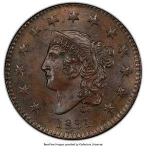 image for: 1834 1C Small 8, Large Stars, Medium Letters, MS64+ Brown PCGS. CAC. PCGS Population: (12/1 and 3/0+). NGC Census: (0/0 and...