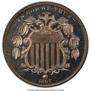 image for: 1867 5C No Rays PR65 PCGS. PCGS Population: (41/13). NGC Census: (50/8). CDN: $800 Whsle. Bid for NGC/PCGS PR65. Mintage 60...