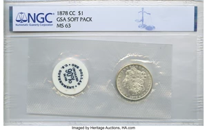 image for: 1878-CC $1 GSA Soft Pack MS63 NGC. NGC Census: (1544/1083). PCGS Population: (94/75). CDN: $575 Whsle. Bid for NGC/PCGS MS6...