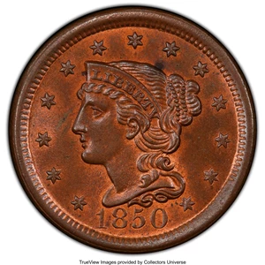 image for: 1850 1C MS64 Red and Brown PCGS. PCGS Population: (181/132 and 2/5+). NGC Census: (94/109 and 0/0+). CDN: $510 Whsle. Bid f...