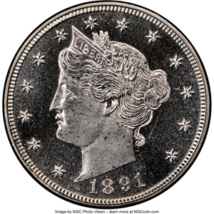 image for: 1891 5C PR65 Cameo NGC. NGC Census: (45/35). PCGS Population: (39/34). PR65. ...