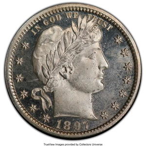 image for: 1897 25C PR64 Cameo PCGS. CAC. PCGS Population: (24/44 and 2/5+). NGC Census: (16/32 and 1/4+). PR64. Mintage 731. ...