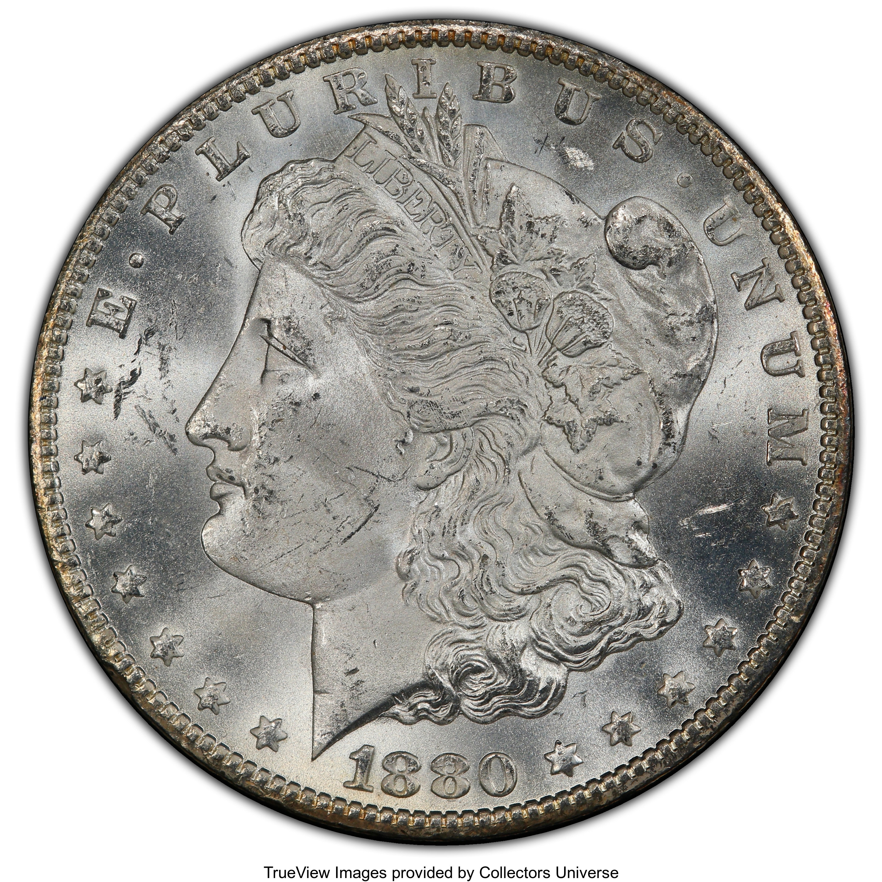 image for: 1880-CC $1 8 Over High 7, MS64+ PCGS. PCGS Population: (412/353 and 24/54+). NGC Census: (52/34 and 4/3+). MS64....