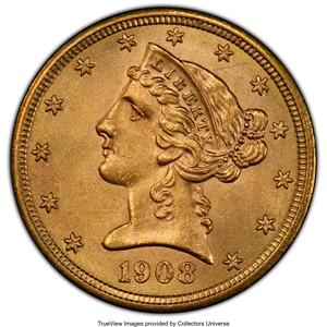 image for: 1908 $5 MS64 PCGS. CAC. PCGS Population: (1067/329 and 84/24+). NGC Census: (1046/357 and 27/12+). CDN: $555 Whsle. Bid for...