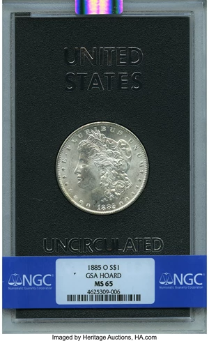 image for: 1885-O $1 GSA MS65 NGC. NGC Census: (0/0). PCGS Population: (5/0). CDN: $525 Whsle. Bid for NGC/PCGS MS65. Mintage 9,185,00...