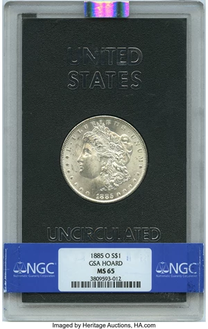image for: 1885-O $1 GSA MS65 NGC. NGC Census: (0/0). PCGS Population: (5/0). CDN: $525 Whsle. Bid for NGC/PCGS MS65. Mintage 9,185,00...