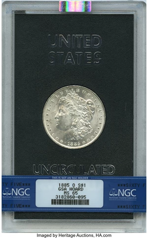 image for: 1885-O $1 GSA MS65 NGC. NGC Census: (0/0). PCGS Population: (5/0). CDN: $525 Whsle. Bid for NGC/PCGS MS65. Mintage 9,185,00...