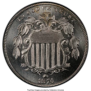 image for: 1874 5C PR66+ PCGS. PCGS Population: (53/15 and 8/2+). NGC Census: (42/4 and 3/0+). CDN: $800 Whsle. Bid for NGC/PCGS PR66....
