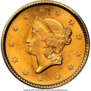 image for: 1851 G$1 MS64+ NGC. CAC. NGC Census: (412/125). PCGS Population: (370/138). CDN: $540 Whsle. Bid for NGC/PCGS MS64. Mintage...