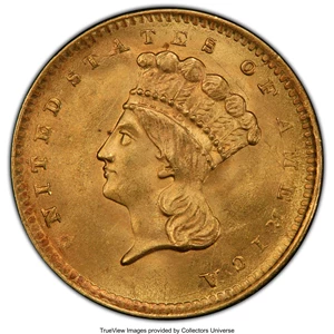 image for: 1856 G$1 Slanted 5 MS64 PCGS. PCGS Population: (97/37). NGC Census: (65/21). CDN: $625 Whsle. Bid for NGC/PCGS MS64. Mintag...