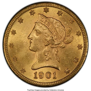 image for: 1901-S $10 MS63 PCGS. PCGS Population: (5705/5796 and 180/509+). NGC Census: (7700/5989 and 136/192+). CDN: $936.19.Whsle. ...