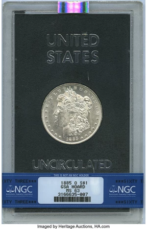 image for: 1885-O $1 GSA MS63 NGC. NGC Census: (0/0). PCGS Population: (6/13). CDN: $200 Whsle. Bid for NGC/PCGS MS63. Mintage 9,185,0...