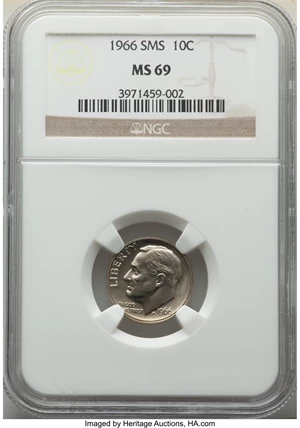 image for: 1966 10C SMS MS69 NGC. NGC Census: (0/0). PCGS Population: (4/0). Mintage 2,260,000. ...