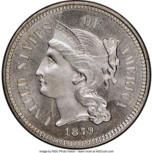 image for: 1879 3CN MS65 NGC. NGC Census: (38/25). PCGS Population: (36/60). CDN: $750 Whsle. Bid for NGC/PCGS MS65. Mintage 38,000. ...