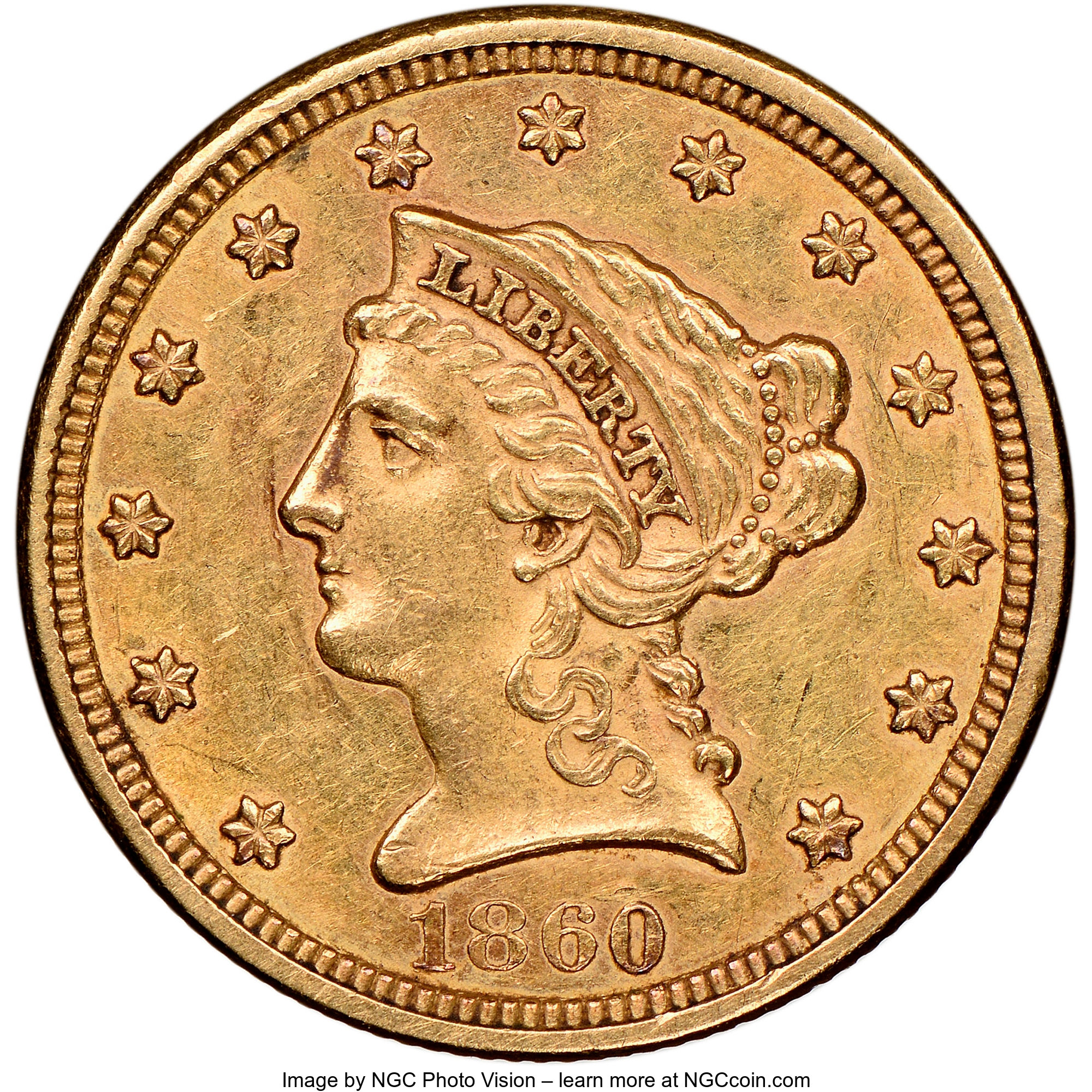 image for: 1860 $2 1/2 New Reverse, Type Two, AU58 NGC. NGC Census: (27/44). PCGS Population: (24/50). CDN: $1,100 Whsle. Bid for NGC/...