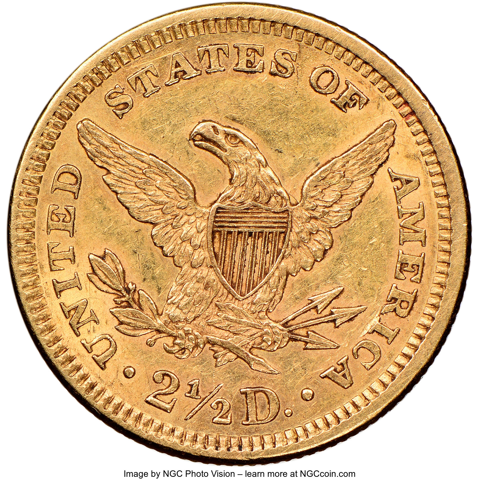 image for: 1860 $2 1/2 New Reverse, Type Two, AU58 NGC. NGC Census: (27/44). PCGS Population: (24/50). CDN: $1,100 Whsle. Bid for NGC/...