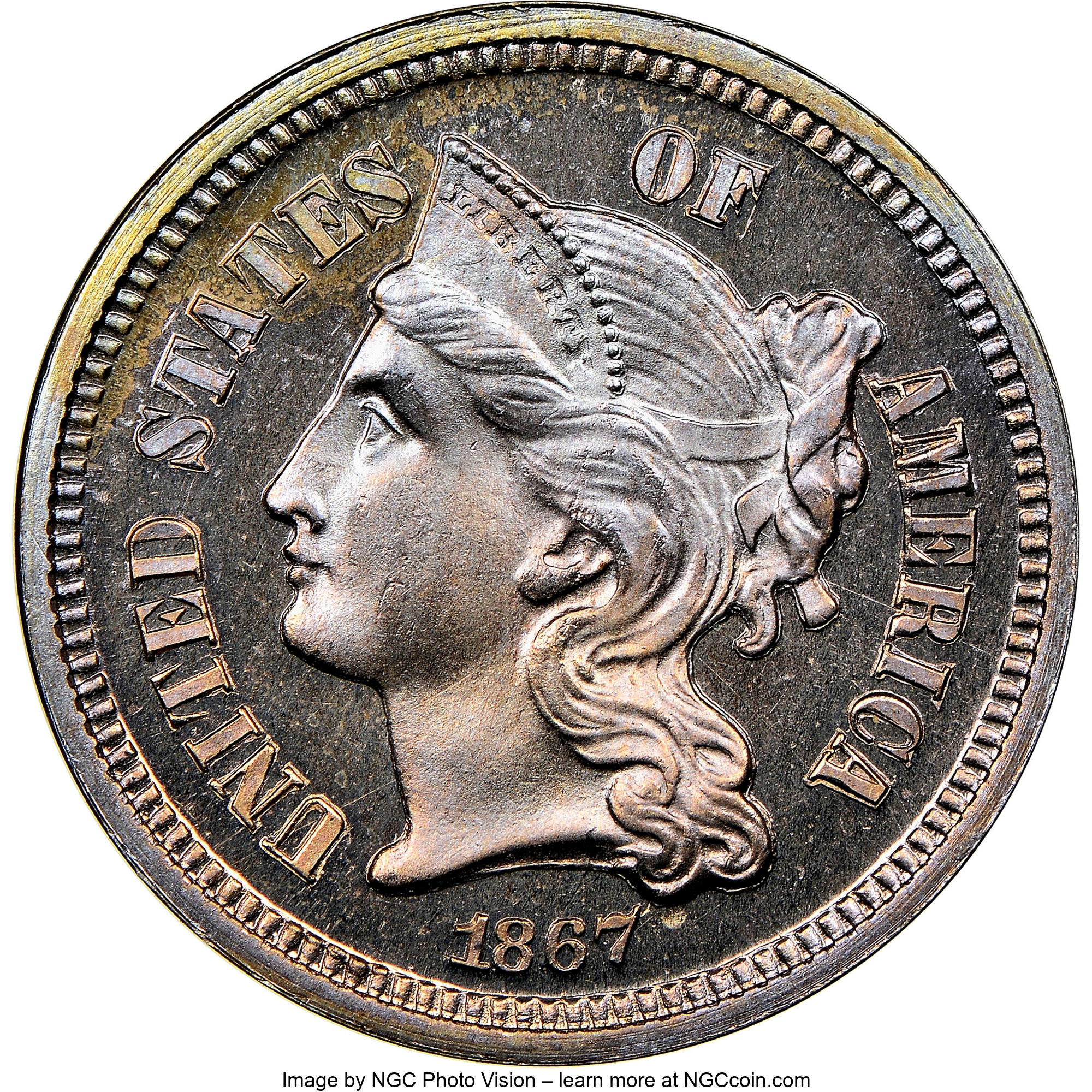 image for: 1867 3CN PR66 Cameo NGC. NGC Census: (48/5). PCGS Population: (37/3). PR66. ...
