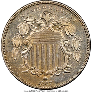 image for: 1867 5C NO RAYS PR64 NGC. NGC Census: (101/58). PCGS Population: (107/53). CDN: $650 Whsle. Bid for NGC/PCGS PR64. Mintage ...